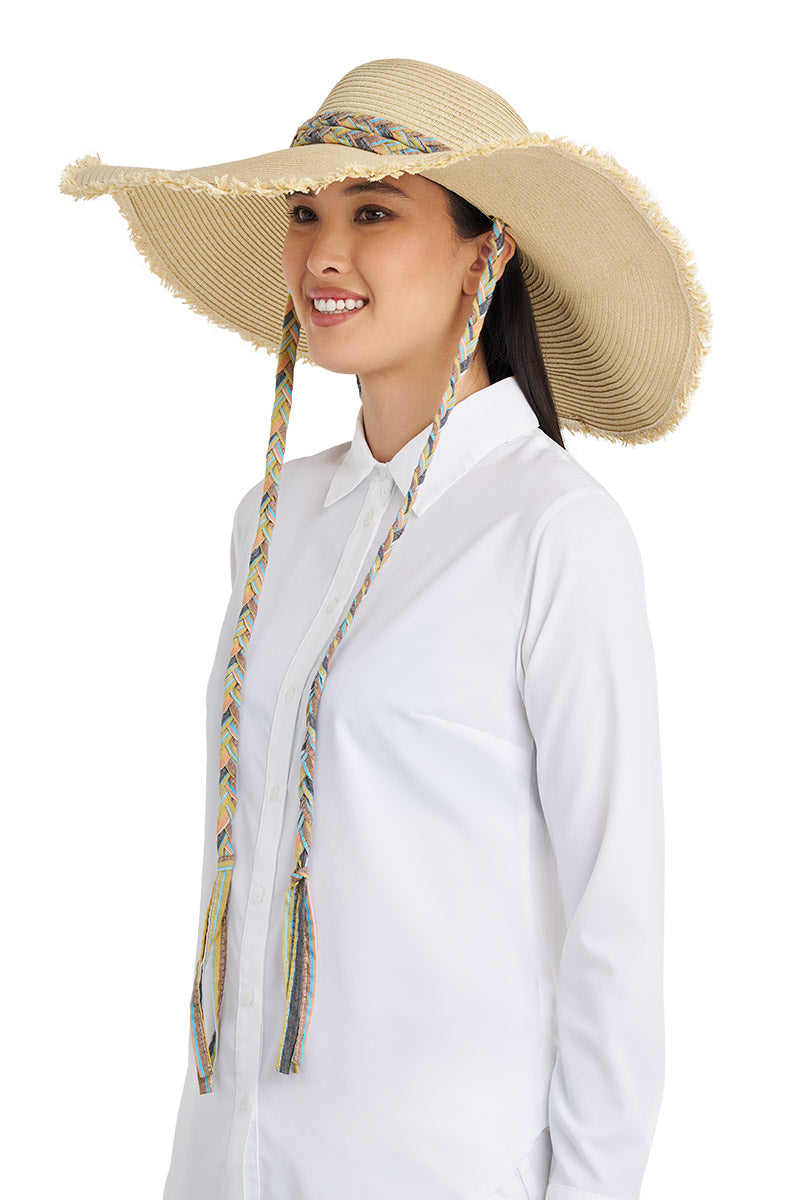 Women's Palm Coast Large Brim Floppy Sun hat w Braided Chi | Natural