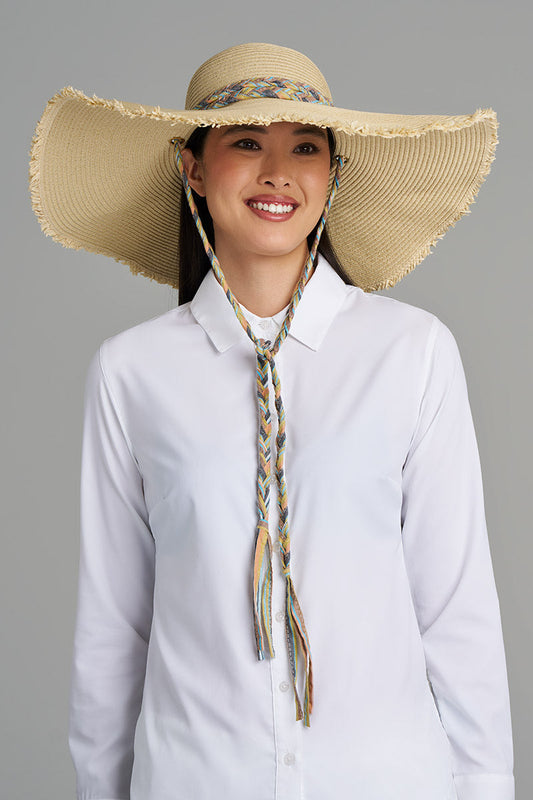 Women's Palm Coast Large Brim Floppy Sun hat w Braided Chi | Natural