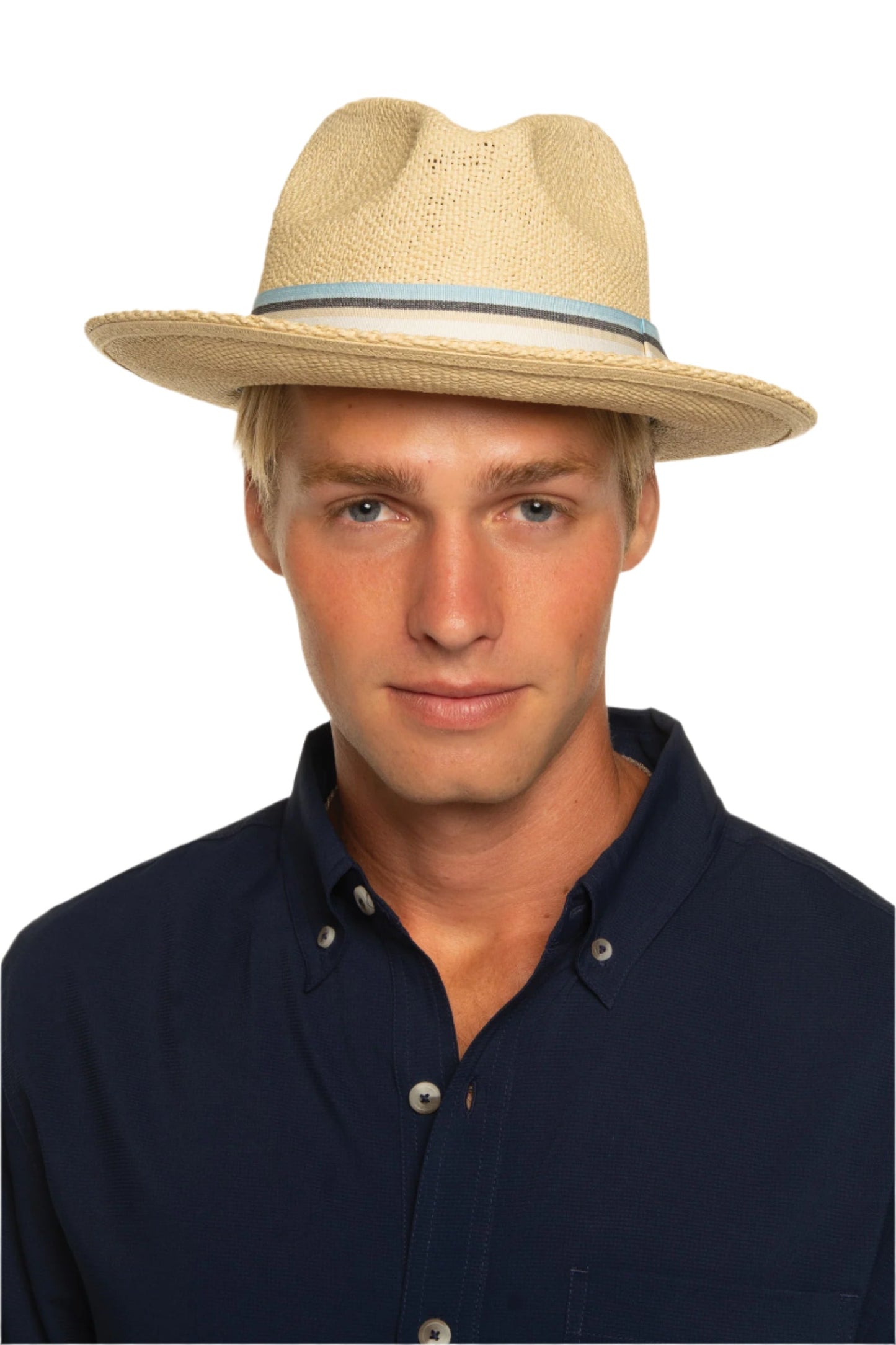 Men's Surf Club Hand Woven Fedora Rugby Stripe Band | Natural