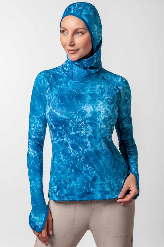 Women's Vented Paros Fishing Hoodie | Blue Water Print