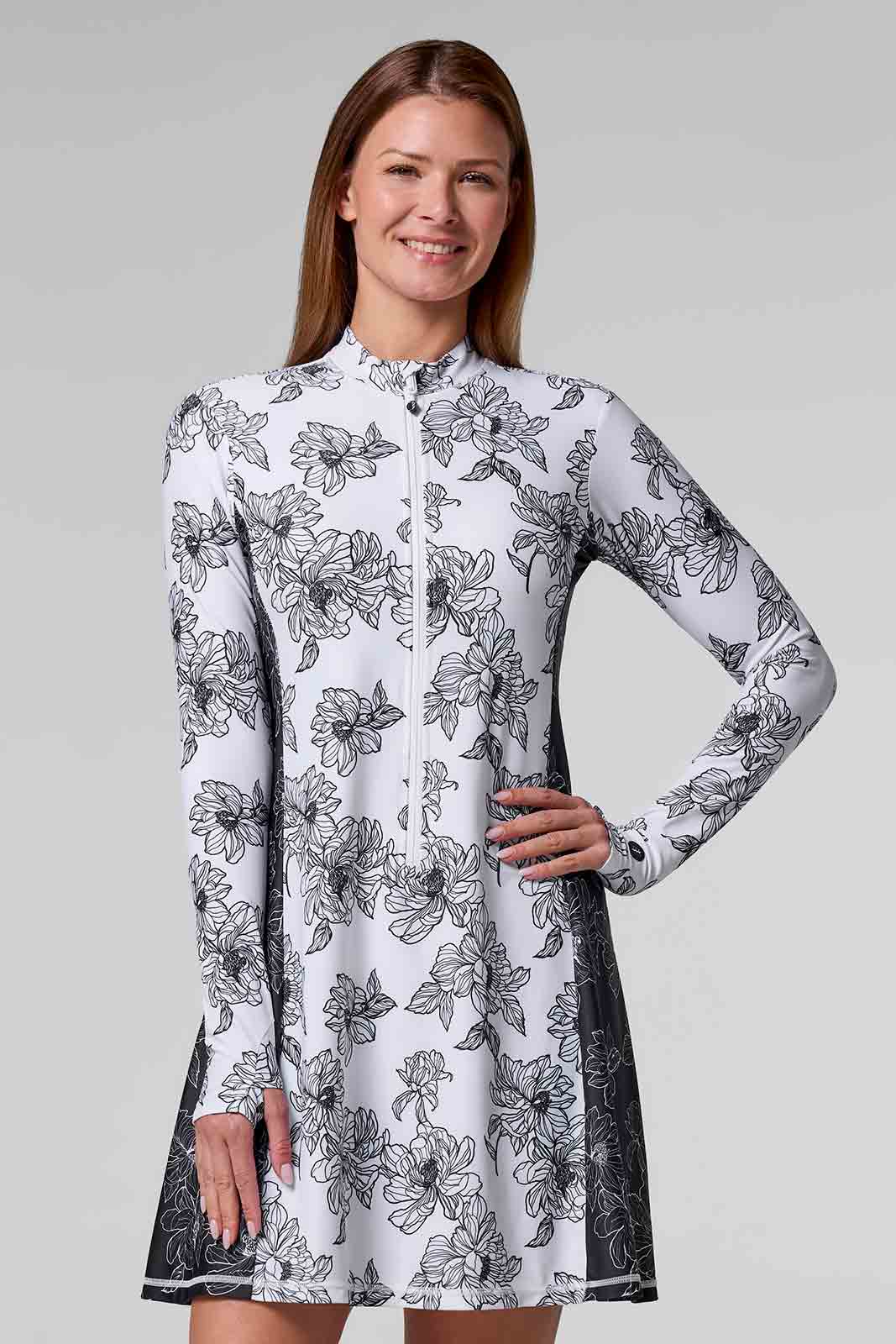 Women's Aspen Sunrise Long Sleeve Swim Dress | White/Black Perfect Peony