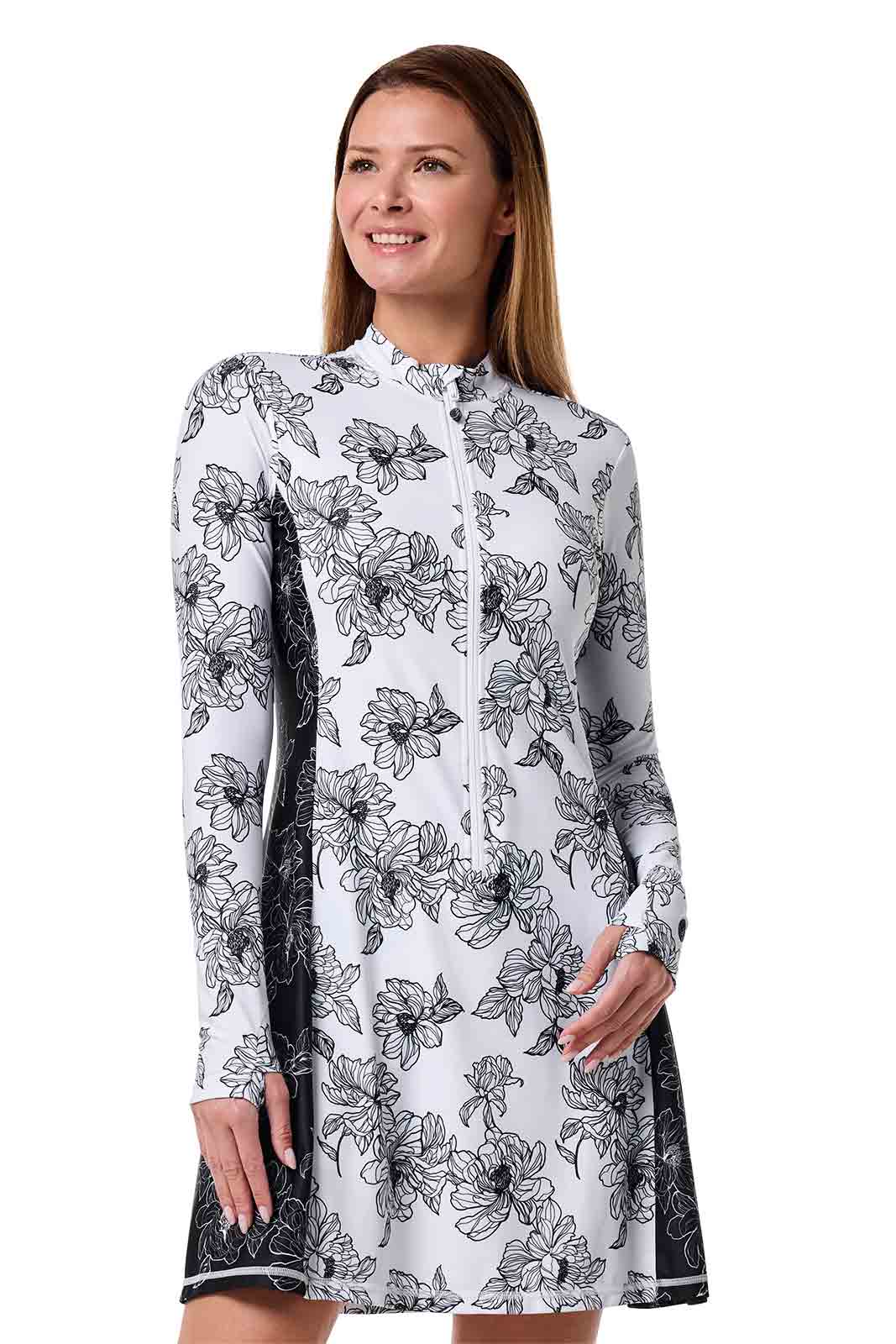 Women's Aspen Sunrise Long Sleeve Swim Dress | White/Black Perfect Peony