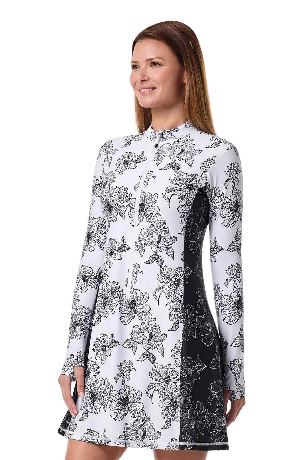 Women's Aspen Sunrise Long Sleeve Swim Dress | White/Black Perfect Peony