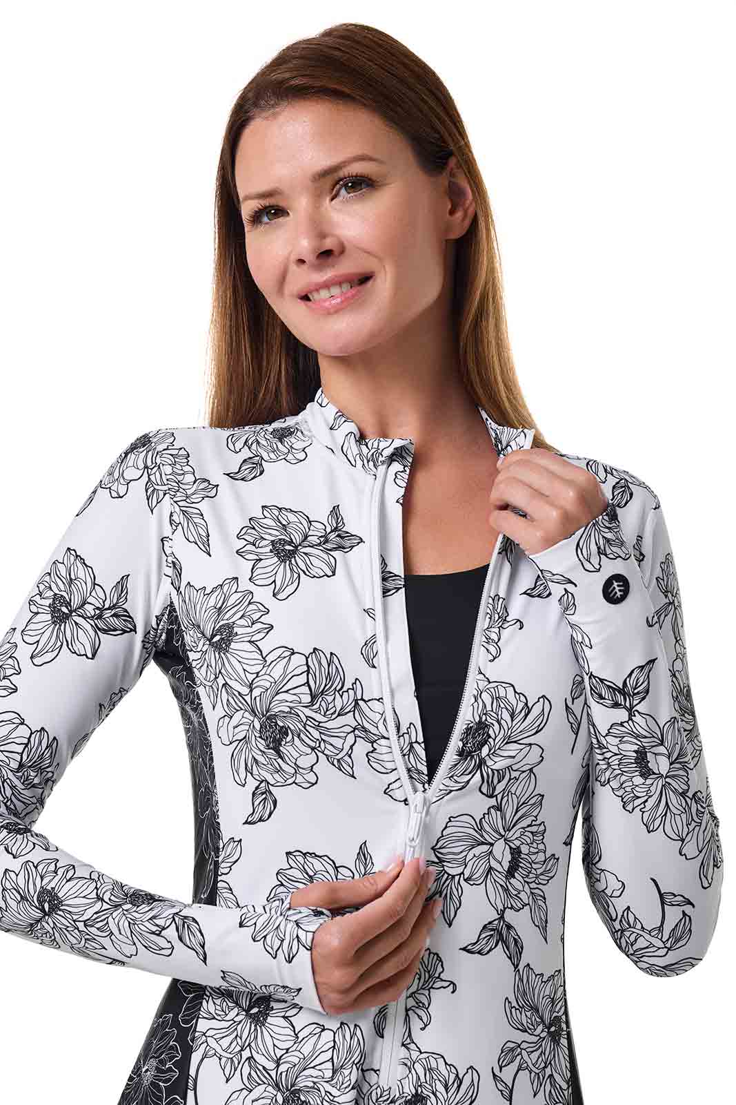 Women's Aspen Sunrise Long Sleeve Swim Dress | White/Black Perfect Peony