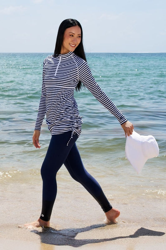 Women's Lawai Ruche Swim Shirt | White/Navy Stripe