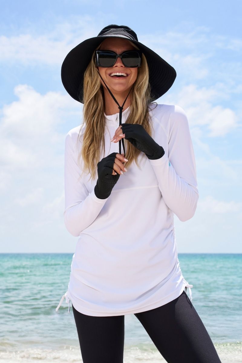 Women's Lawai Ruche Swim Shirt | White (Black Stitching)