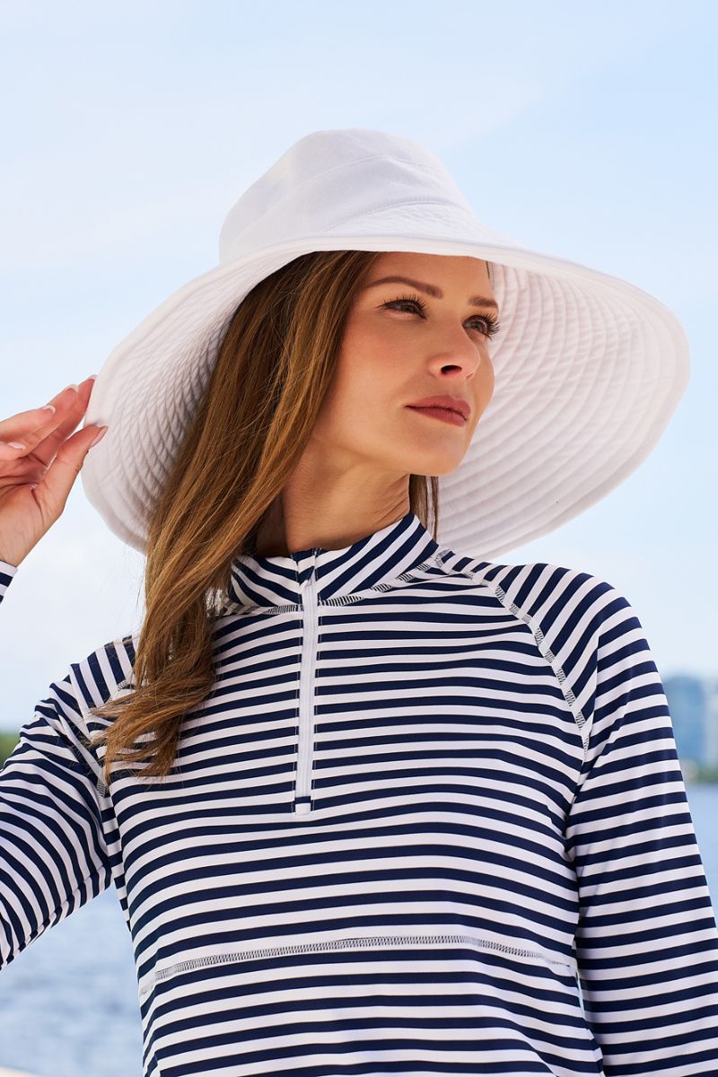 Women's Lawai Ruche Swim Shirt | White/Navy Stripe